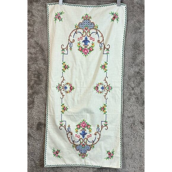 Vintage Cross Stitch Rectangle Table Runner Cover White Blue PInk Floral - Picture 1 of 7